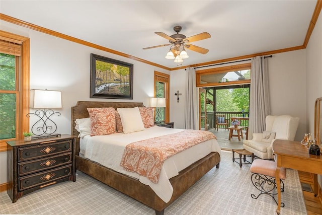 614 Fairway Dr, Lake Toxaway, NC 28747 - bedroom featuring access to exterior, multiple windows, crown molding, and a ceiling fan