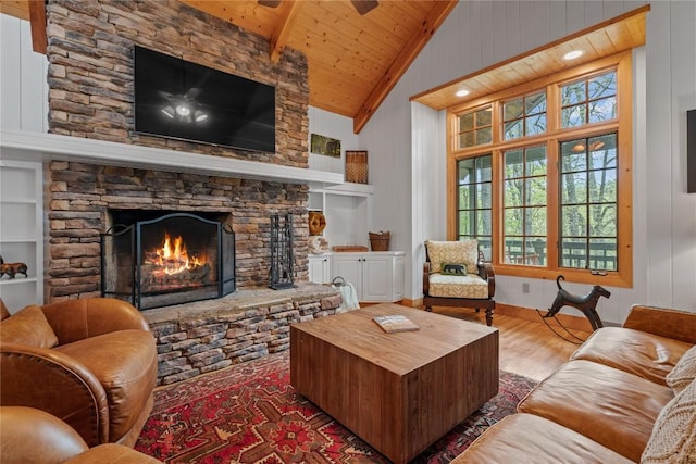 56 First Tee Trl B/Upper, B/Upper Cashiers, NC 28717 - living room with wood finished floors, wood ceiling, a stone fireplace, beam ceiling, and built in features
