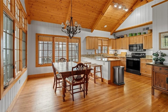 56 First Tee Trl B/Upper, B/Upper Cashiers, NC 28717 - dining space with a chandelier, light wood-style floors, track lighting, wood ceiling, and plenty of natural light