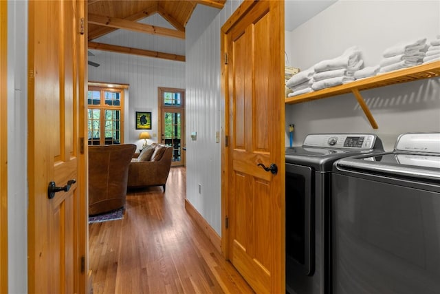 56 First Tee Trl B/Upper, B/Upper Cashiers, NC 28717 - clothes washing area featuring washing machine and dryer and wood finished floors