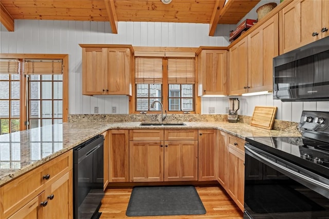 56 First Tee Trl B/Upper, B/Upper Cashiers, NC 28717 - kitchen with black appliances, a sink, light wood finished floors, wooden ceiling, and beamed ceiling