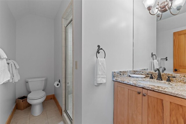 56 First Tee Trl B/Upper, B/Upper Cashiers, NC 28717 - full bathroom with a shower stall, vanity, toilet, tile patterned flooring, and vaulted ceiling