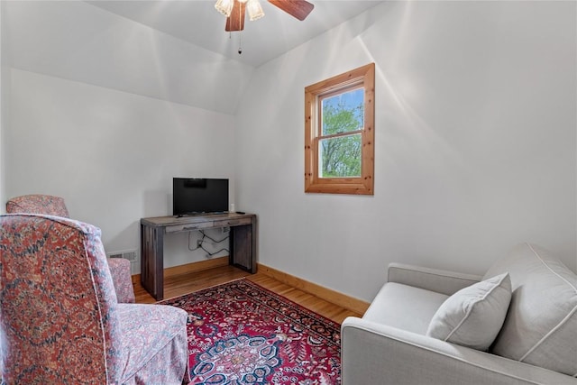 56 First Tee Trl B/Upper, B/Upper Cashiers, NC 28717 - living room featuring wood finished floors, ceiling fan, baseboards, and lofted ceiling