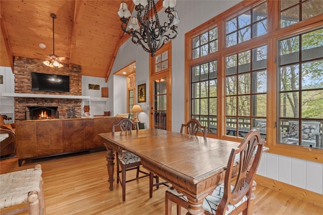 56 First Tee Trl B/Upper, B/Upper Cashiers, NC 28717 - dining room with wood finished floors, high vaulted ceiling, plenty of natural light, wood ceiling, and a stone fireplace