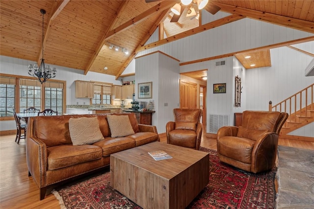 56 First Tee Trl B/Upper, B/Upper Cashiers, NC 28717 - living room with light wood-style floors, wood ceiling, high vaulted ceiling, a chandelier, and a ceiling fan