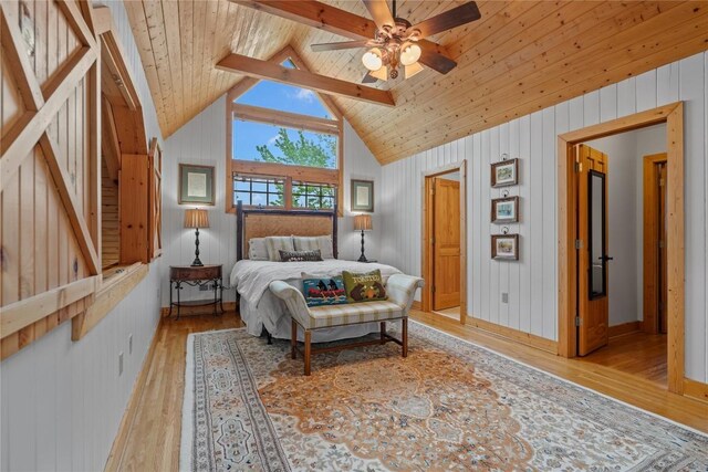 56 First Tee Trl B/Upper, B/Upper Cashiers, NC 28717 - bedroom featuring light wood-style floors, wood ceiling, wooden walls, and a ceiling fan