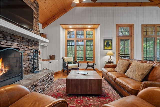 56 First Tee Trl B/Upper, B/Upper Cashiers, NC 28717 - living area with wood finished floors, a stone fireplace, wooden ceiling, and baseboards