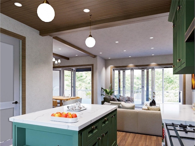 25 Hemlock Rdg, Highlands, NC 28741 - kitchen with green cabinets, a center island, light wood-type flooring, beam ceiling, and open floor plan