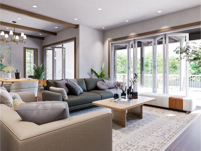 25 Hemlock Rdg, Highlands, NC 28741 - living room featuring a chandelier, light wood finished floors, recessed lighting, and beamed ceiling