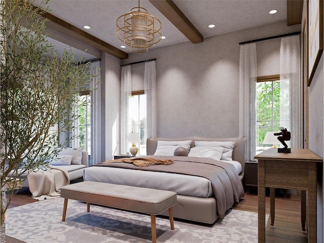 25 Hemlock Rdg, Highlands, NC 28741 - bedroom featuring beamed ceiling, a chandelier, light wood-style floors, multiple windows, and recessed lighting