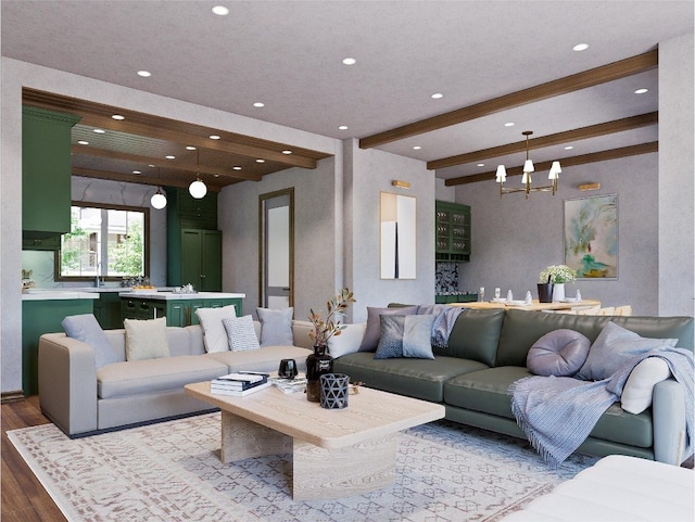 25 Hemlock Rdg, Highlands, NC 28741 - living room featuring recessed lighting, wood finished floors, a chandelier, and beamed ceiling