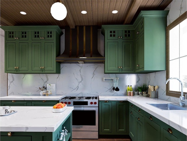 25 Hemlock Rdg, Highlands, NC 28741 - kitchen with green cabinets, high end stove, ventilation hood, wooden ceiling, and decorative backsplash