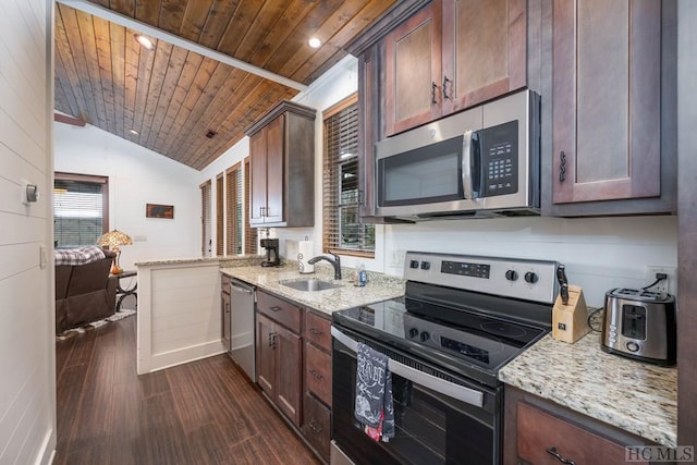 kitchen featuring lofted ceiling, sink, appliances with stainless steel finishes, dark hardwood / wood-style floors, and wooden ceiling