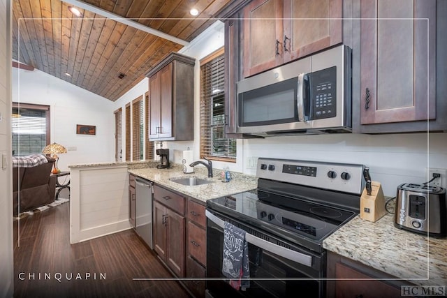 kitchen featuring lofted ceiling, light stone counters, wooden ceiling, dark hardwood / wood-style floors, and stainless steel appliances