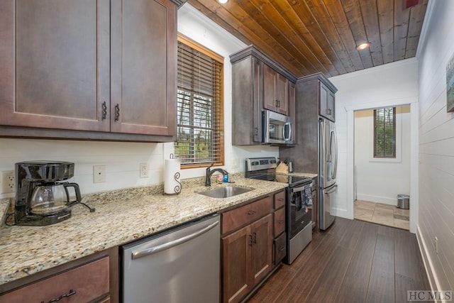 kitchen with sink, wood ceiling, ornamental molding, stainless steel appliances, and light stone countertops