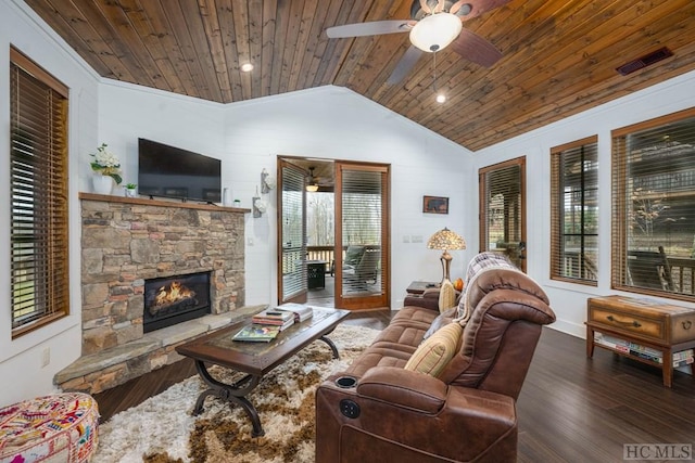 living room with lofted ceiling, ceiling fan, wood ceiling, a fireplace, and dark hardwood / wood-style floors