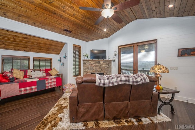 living room featuring vaulted ceiling, ceiling fan, wood ceiling, and dark hardwood / wood-style flooring