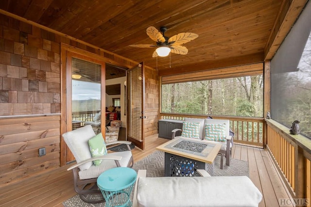 sunroom / solarium featuring wood ceiling and ceiling fan