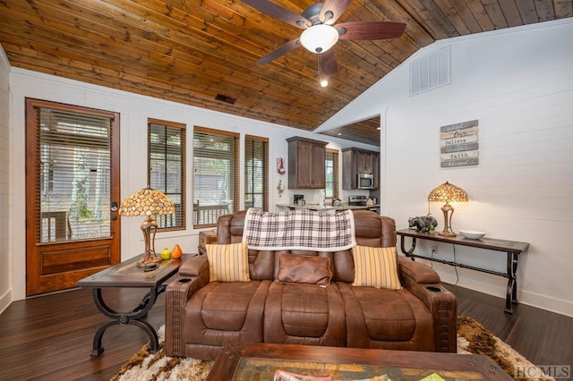 living room with ceiling fan, lofted ceiling, dark hardwood / wood-style flooring, and wood ceiling