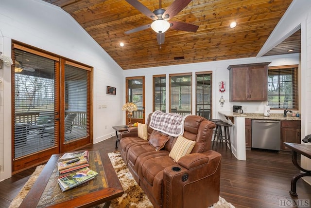 living room featuring ceiling fan, lofted ceiling, dark hardwood / wood-style flooring, and wood ceiling