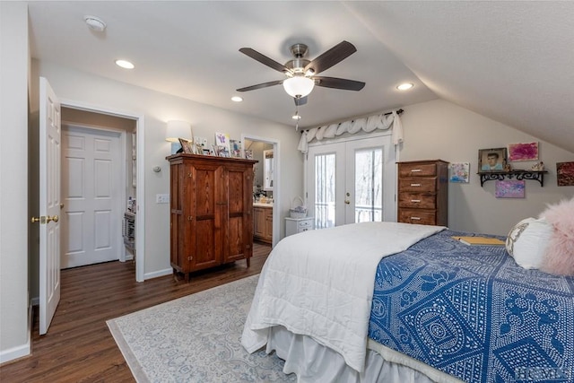 bedroom with french doors, vaulted ceiling, access to outside, dark hardwood / wood-style flooring, and ceiling fan