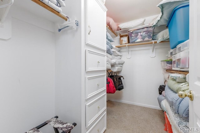 walk in closet with light colored carpet