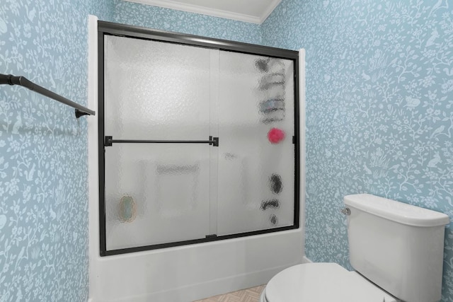 86 Beech Ct, Sapphire, NC 28774 - full bathroom with wallpapered walls, bath / shower combo with glass door, and crown molding
