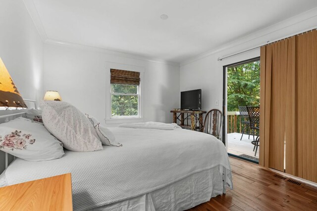 86 Beech Ct, Sapphire, NC 28774 - bedroom featuring access to outside, ornamental molding, and wood-type flooring