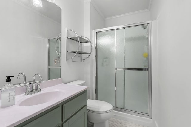 86 Beech Ct, Sapphire, NC 28774 - bathroom featuring vanity, a stall shower, and crown molding