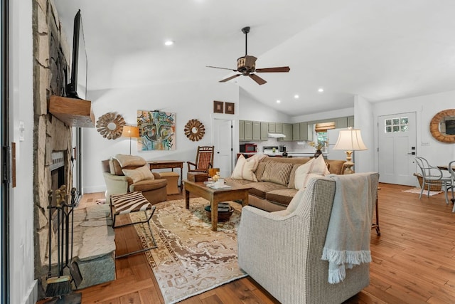 86 Beech Ct, Sapphire, NC 28774 - living area with ceiling fan, lofted ceiling, a fireplace, and recessed lighting