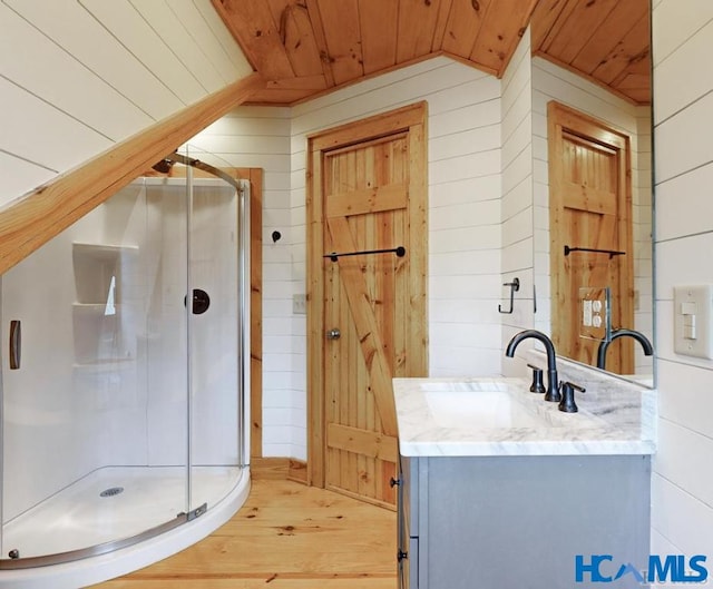 full bath with a stall shower, wood ceiling, and wooden walls