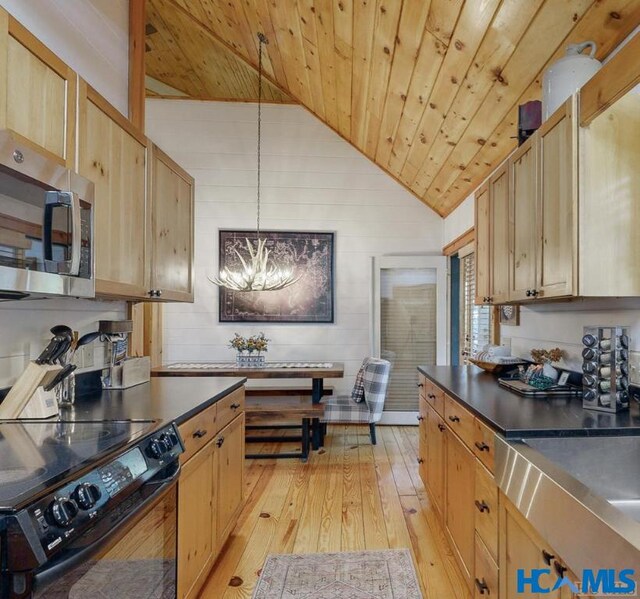 kitchen featuring dark countertops, stainless steel microwave, light wood-style flooring, wooden ceiling, and black range with electric cooktop