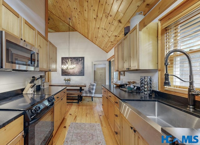 kitchen with dark countertops, wooden ceiling, stainless steel microwave, black / electric stove, and a sink