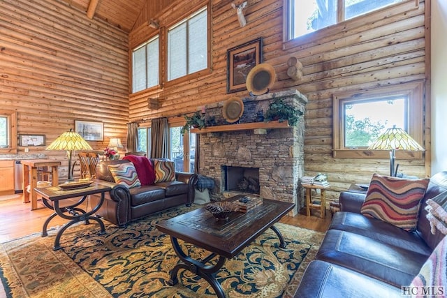 living room featuring hardwood / wood-style floors, high vaulted ceiling, a fireplace, log walls, and wooden ceiling