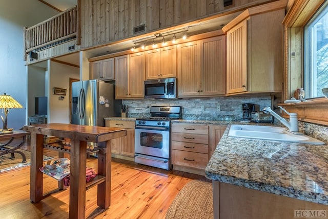 kitchen with appliances with stainless steel finishes, sink, light brown cabinets, and light hardwood / wood-style flooring