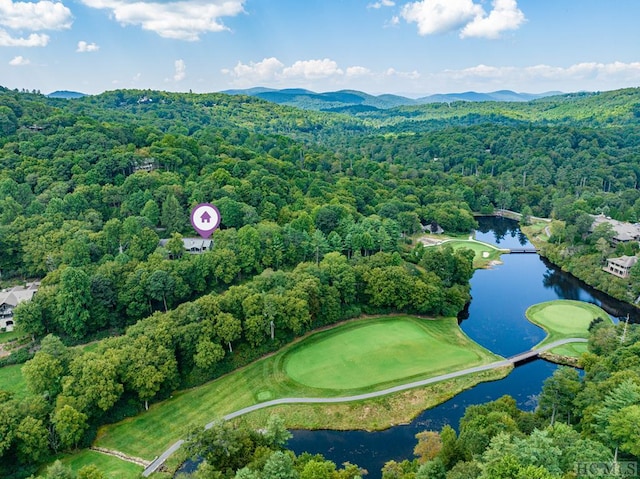 bird's eye view featuring a water and mountain view