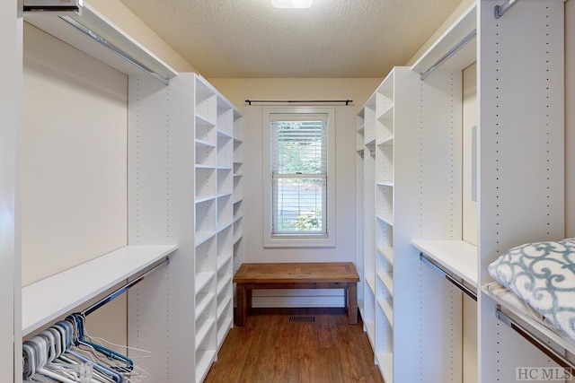 spacious closet with dark wood-type flooring