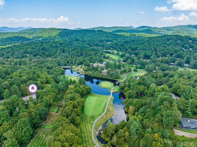 bird's eye view with a water and mountain view