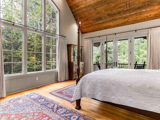 228 Mills Creek Trce, Lake Toxaway, NC 28747 - bedroom featuring access to outside, wood finished floors, multiple windows, high vaulted ceiling, and wooden ceiling