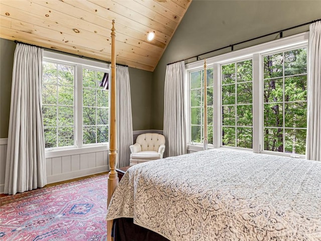 bedroom with wood finished floors, wood ceiling, and lofted ceiling
