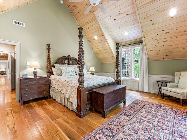 bedroom featuring wood-type flooring, visible vents, wood ceiling, and vaulted ceiling
