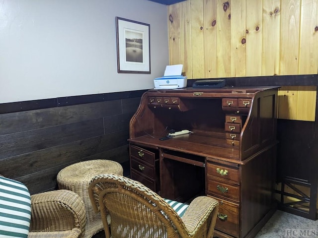 home office with wooden walls