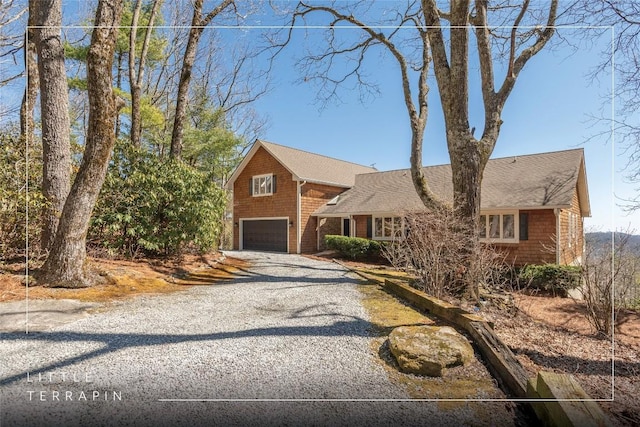 view of front of house featuring gravel driveway, an attached garage, and roof with shingles