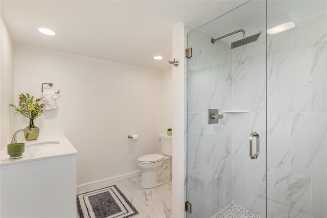 full bathroom with toilet, marble finish floor, a sink, a marble finish shower, and baseboards