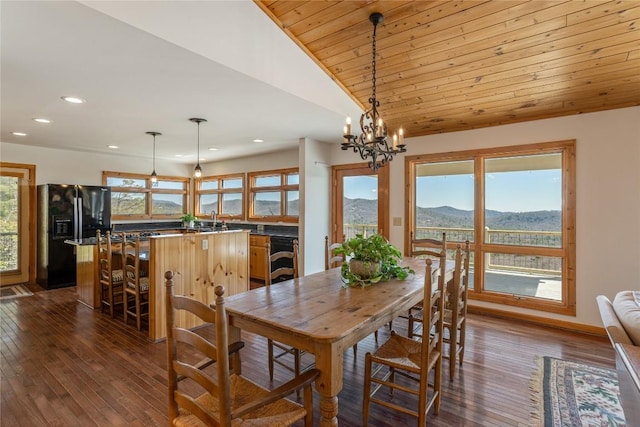 dining space featuring dark wood finished floors, a mountain view, an inviting chandelier, wooden ceiling, and vaulted ceiling