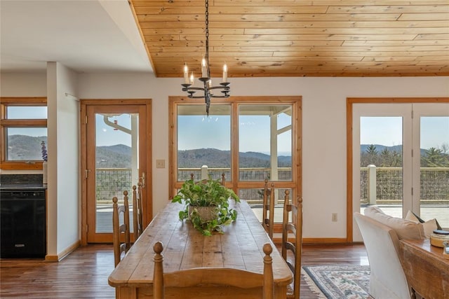 unfurnished dining area featuring dark wood finished floors, a mountain view, an inviting chandelier, wooden ceiling, and baseboards