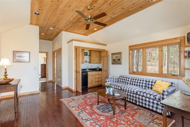 living room featuring a ceiling fan, baseboards, dark wood finished floors, vaulted ceiling, and wooden ceiling