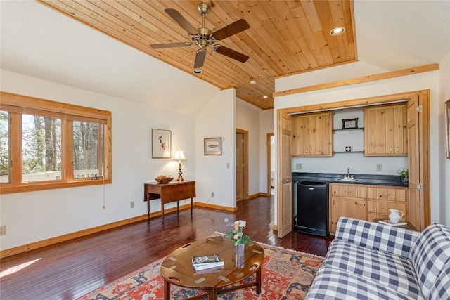 living area featuring dark wood-type flooring, baseboards, wood ceiling, lofted ceiling, and a ceiling fan