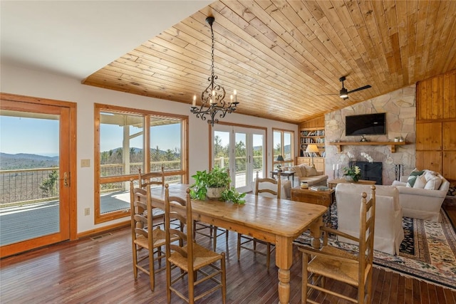 dining area featuring visible vents, lofted ceiling, wood finished floors, and wooden ceiling