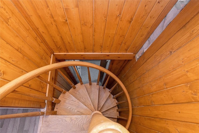 staircase featuring wood walls and wood ceiling